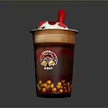 Bubble Tea Cup With Tapioca Pearls Cream Topping And Red Straw