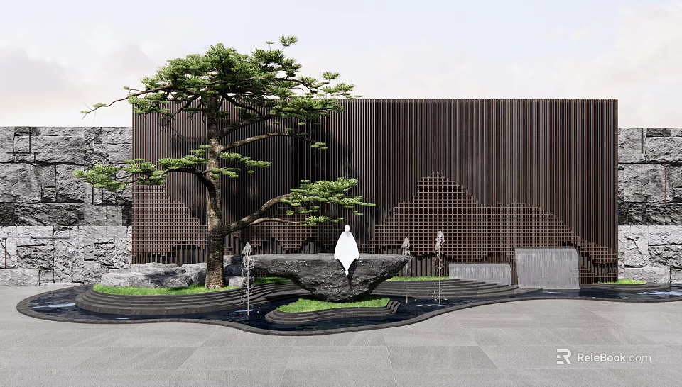 Dark Wooden Landscape Wall With Pine Tree Fountain Stone And Greenery 3d model 