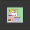 Colorful Kitchen Scene With Refrigerator Stove Sink Table Curtains And Trash Bin