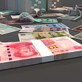 Various Denominations of Assorted Banknotes Stacked and Scattered on Dark Background