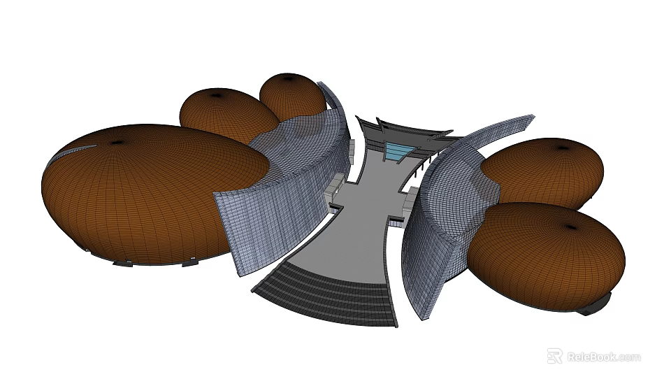3D Architectural Structure Design With Dome Shaped Brown Elements And Gray Curved Passages 3d model 