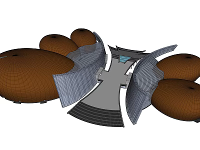 3D Architectural Structure Design With Dome Shaped Brown Elements And Gray Curved Passages 3d model