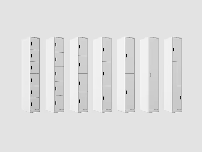 Row Of White Metal Storage Cabinets With Multiple Doors And Lockers 3d model