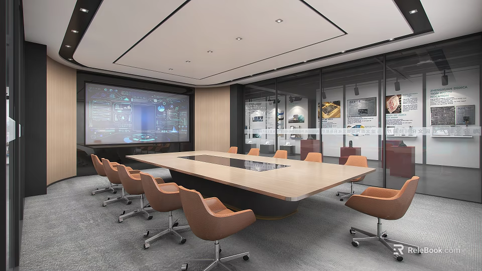 Modern Office Meeting Room Interior With Long Table Orange Chairs Large Screen And Glass Partitions 3d model 