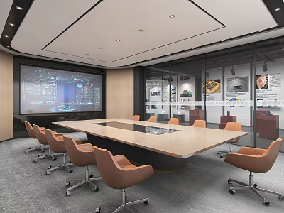 Modern Office Meeting Room Interior With Long Table Orange Chairs Large Screen And Glass Partitions 3d model