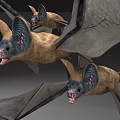 Three Flying Bats with Large Ears Open Wings and Sharp Teeth in Flight