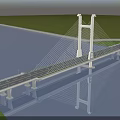 Modern Cable Stayed Bridge Spanning Water With White Pylons Road Lanes Reflection And Green Banks