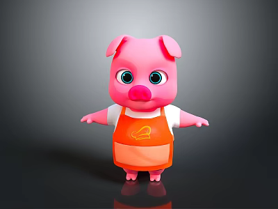 Cute Pink Cartoon Pig Wearing White Shirt And Orange Apron Standing On Dark Background 3d model