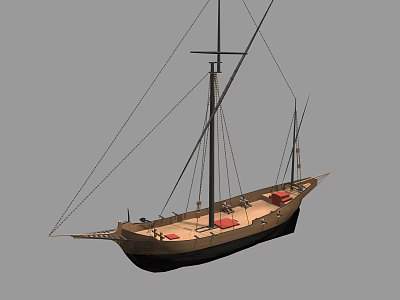 Classic Wooden Sailboat With Masts Rigging And Red Deck Seats 3d model