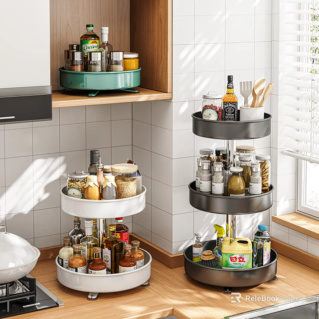 Multi Tier Rotating Kitchen Storage Racks For Countertop Spices And Condiments 3d model 