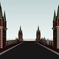 Red Brick Arched Bridge with Spired Towers and Ornate Railings Design