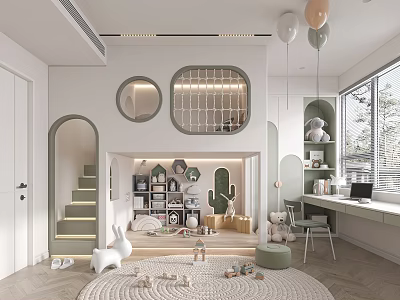 Kids Room Interior With Arched Staircase Circular Grid Windows Hanging Balloons And Toy Rug 3d model