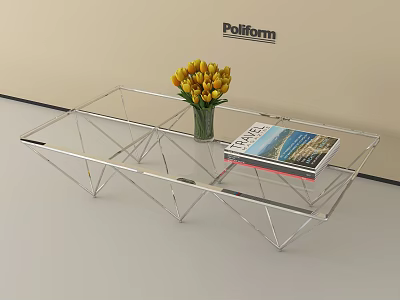 Poliform Modern Transparent Glass Coffee Table With Geometric Metal Frame Yellow Tulips And Magazine 3d model
