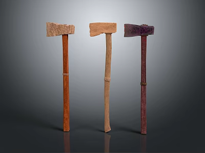 Three Traditional Wooden Axes With Different Colored Handles And Textures 3d model