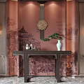 Chinese Style Console Table With Pink Landscape Backdrop Golden Decoration Wall Lamps And White Vase
