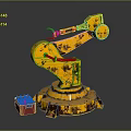 Vintage Yellow Worn Mechanical Arm With Red Plastic Crate And Small Tools
