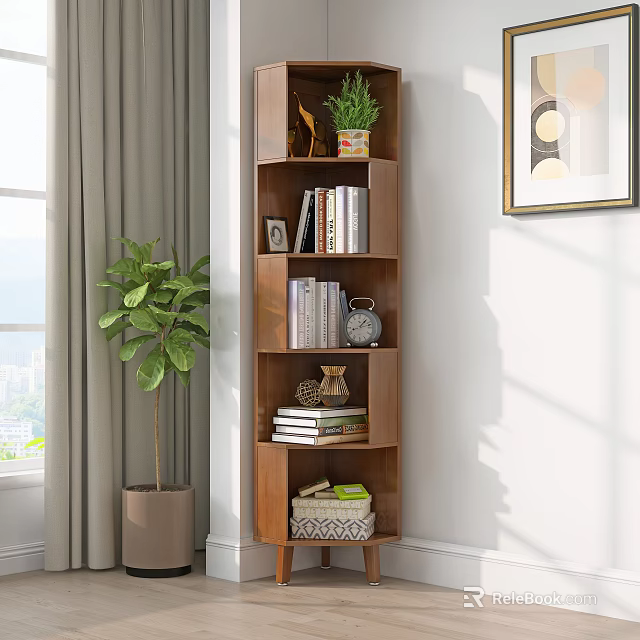 Modern Wooden Multi Tiered Bookcase With Books Decorative Items And Potted Plant By Window Curtains 3d model 