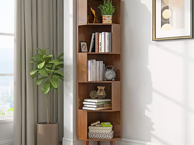 Modern Wooden Multi Tiered Bookcase With Books Decorative Items And Potted Plant By Window Curtains 3d model