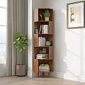 Modern Wooden Multi Tiered Bookcase With Books Decorative Items And Potted Plant By Window Curtains