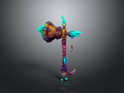 Fantasy Mythical Hammer Weapon With Glowing Blue Green Flames And Ornate Orange Purple Details 3d model