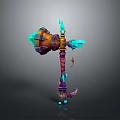 Fantasy Mythical Hammer Weapon With Glowing Blue Green Flames And Ornate Orange Purple Details