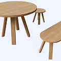 Public Office Space With Simple Design Round Wooden Table Small Stool And Bench 3d model