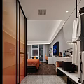 Modern Hotel Guest Room With Twin Beds Orange Decor Geometric Pattern Wall And Wooden Flooring