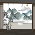 New Chinese-style roller shutter landscape ink painting gauze curtain partition 3d model