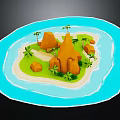 Cartoon Island Scene Featuring Blue Water Green Grass Orange Rocks Palm Trees and Sand Beach