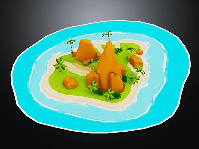 Cartoon Island Scene Featuring Blue Water Green Grass Orange Rocks Palm Trees and Sand Beach 3d model