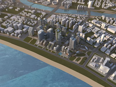 Aerial Urban Planning With High Rise Buildings Roads River And Coastal Green Spaces 3d model