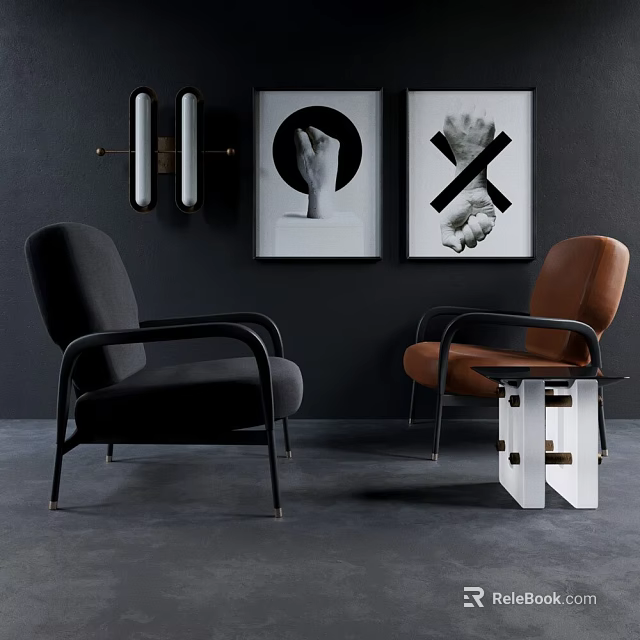 Stylish Black And Brown Accent Chairs With Dark Wall Framed Artworks And Side Table 3d model 
