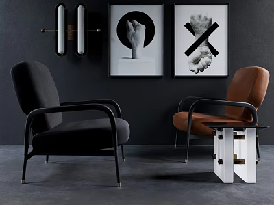 Stylish Black And Brown Accent Chairs With Dark Wall Framed Artworks And Side Table 3d model
