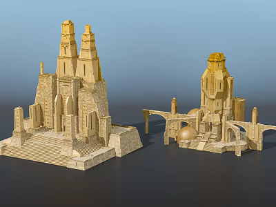 Ancient Fantasy Architectural Models With Golden Beige Towers Arches And Domes 3d model
