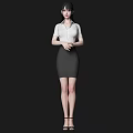 Professional Woman In White Shirt And Gray Skirt Standing Against Black Background 3d model