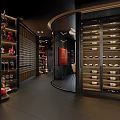 Specialty Store Interior Design Featuring Wooden Barrels Display Black Walls And Lighting