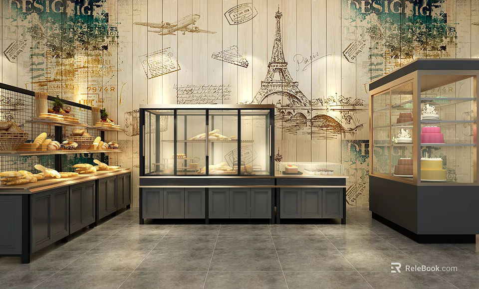 Bakery Display Shelves With Glass Doors Wooden Background For Fresh Pastry And Bread Show 3d model 