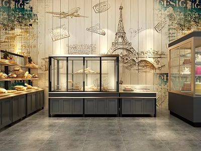 Bakery Display Shelves With Glass Doors Wooden Background For Fresh Pastry And Bread Show 3d model