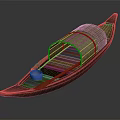 Traditional Wooden Water Transport Vessel With Bamboo Canopy Blue Container And Oar