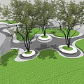 Modern Urban Park Landscape Design With Curved Pathways Green Lawns Spherical Sculpture And Trees