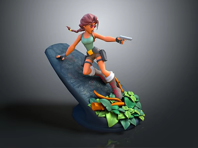 Pink Haired Female Adventurer Crouching On Rocky Platform Holding Pistol With Lush Green Plants 3d model