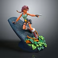 Pink Haired Female Adventurer Crouching On Rocky Platform Holding Pistol With Lush Green Plants