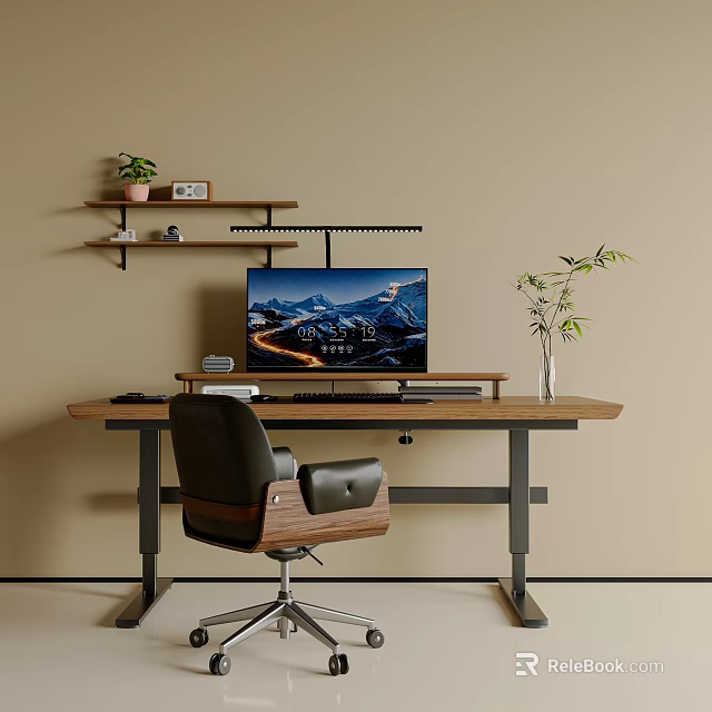 Modern Desk Chair Set With Wooden Desktop Metal Frame Monitor Wall Mounted Shelf And Plants 3d model 