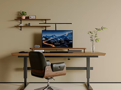 Modern Desk Chair Set With Wooden Desktop Metal Frame Monitor Wall Mounted Shelf And Plants 3d model