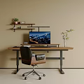 Modern Desk Chair Set With Wooden Desktop Metal Frame Monitor Wall Mounted Shelf And Plants