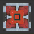 Red Geometric Cube Structure With Square Patterns And Metal Frame Accents