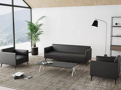 Modern Living Room Black Sofa Coffee Table Set With Floor Lamp And Mountain View 3d model