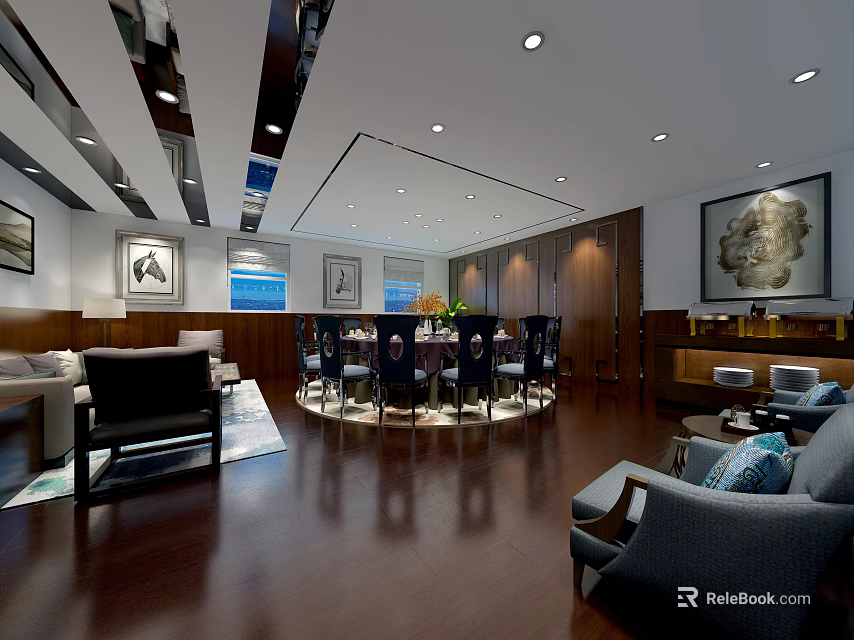 Luxurious Private Room with Round Dining Table Chairs Sofa Wall Paintings Wooden Floors Modern Lighting 3d model 
