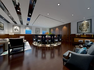 Luxurious Private Room with Round Dining Table Chairs Sofa Wall Paintings Wooden Floors Modern Lighting 3d model