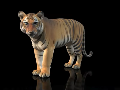 Detailed Realistic Full Body Striped Tiger Standing On Black Background With Reflection 3d model